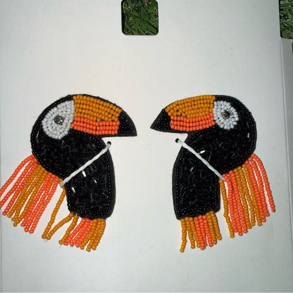 Zara Beaded Toucan Earrings - Black, Orange, and White